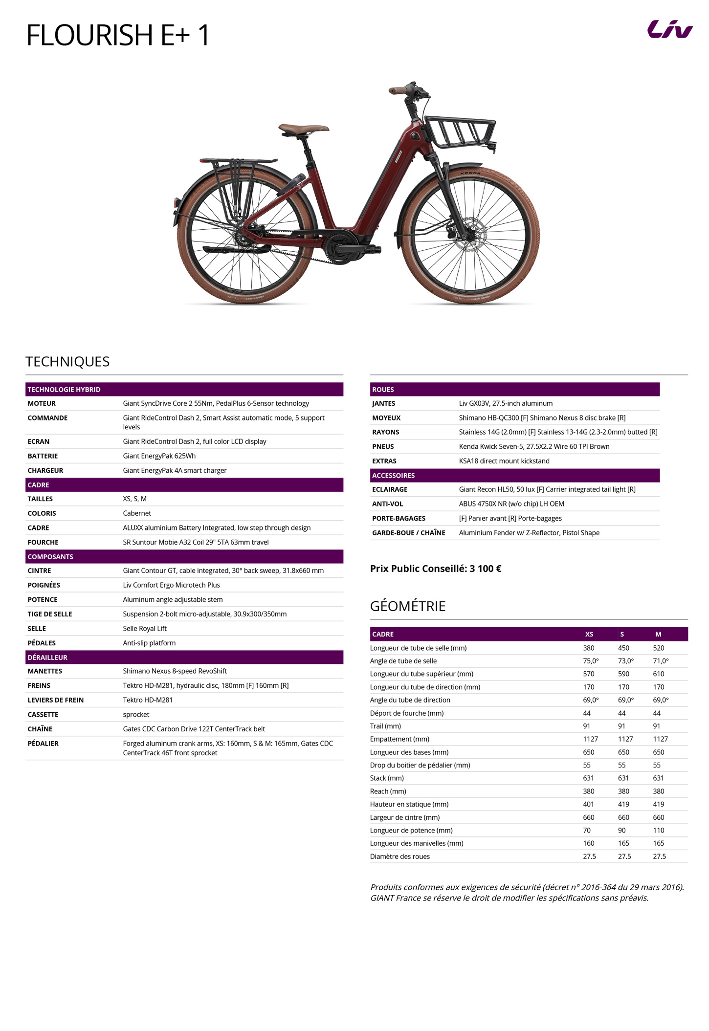 Fiche technique du velo élctrique Flourish E+ 1 année 2027